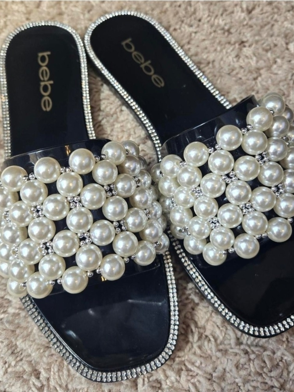 bebe Black Slide Sandals with Pearl & Rhinestone Accents